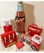 Set Of 5 90s/00s Coca-Cola Tins Train Lunch Box Tool Pail Tall Bottle Ve... - $23.94