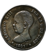 1891 Alfonso XIII 2 Pesetas - Retrato Niño Real del Último Borbón de España - $18.55 CAD