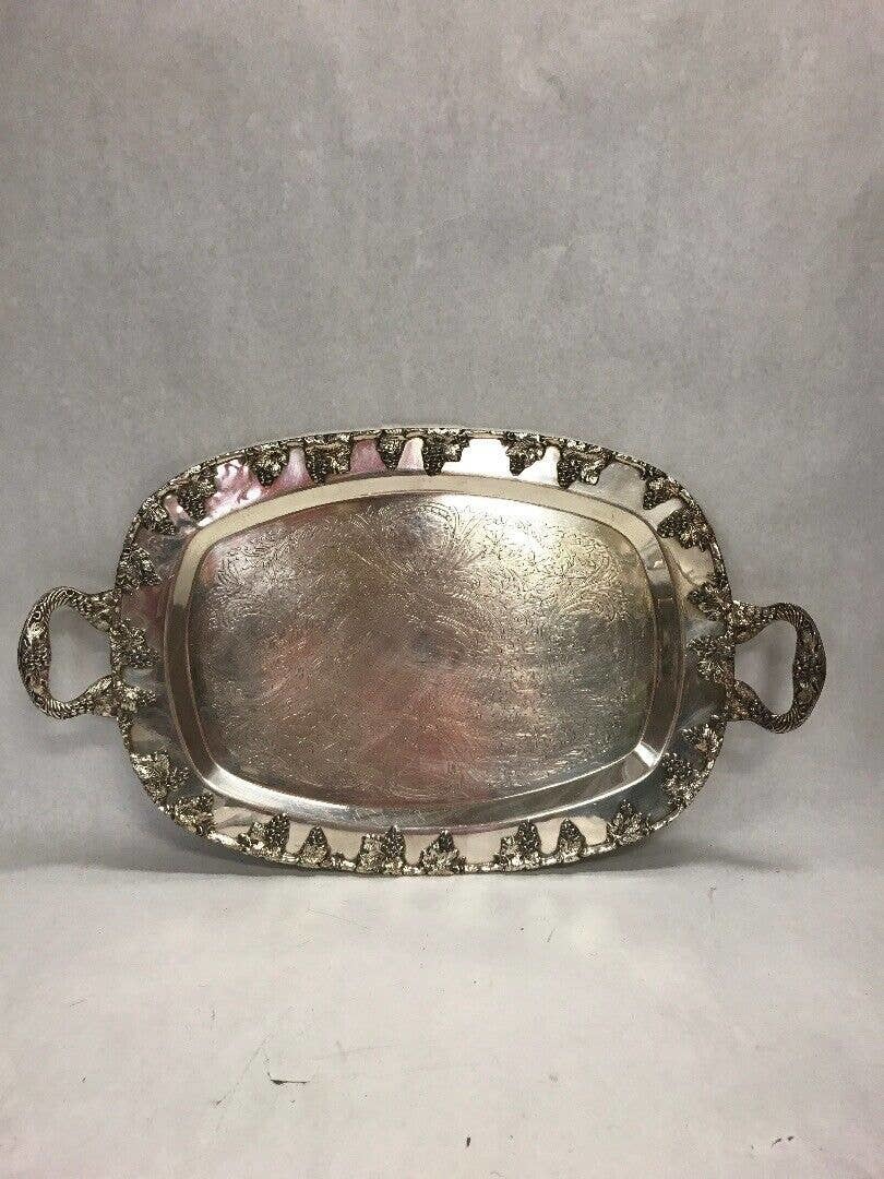 Primary image for Rectangle Silverplate VINTAGE Hollywood Regency Handles platter grapes 22 inch