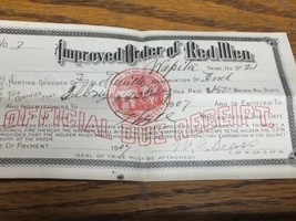 Vintage 1907 Improved Order of the Red Man Dues Receipt. - $18.98