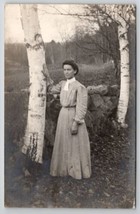 RPPC Edwardian Woman Posing For Photo With The Birch Trees Postcard O28 - £10.19 GBP