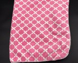 Baby Blanket Pink Lattice Print Satin Trim Geometric White Sherpa - $21.99
