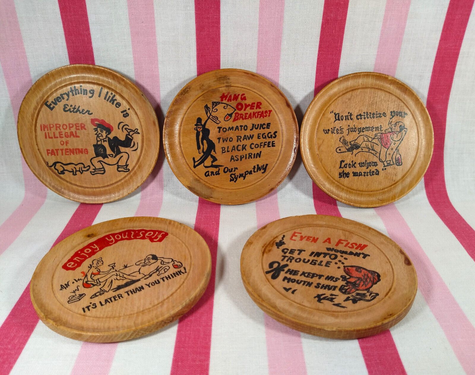 Primary image for Neat Vintage Humorous 5pc Set of Wooden Novelty Graphic Funny Coasters • Japan