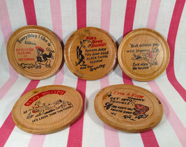 Neat Vintage Humorous 5pc Set of Wooden Novelty Graphic Funny Coasters •... - $14.85