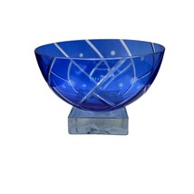 Vintage Cobalt Cut to Clear Geometric Crystal Block Pedestal Candy Dish - $24.71