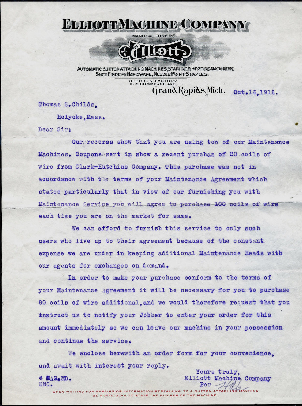 1912 ELLIOTT MACHINE COMPANY Grand Rapids MI Antique Letterhead Correspo... - $11.99