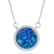 Sterling Silver Blue Inlay Opal Circle with Cz Border Necklace - £39.61 GBP