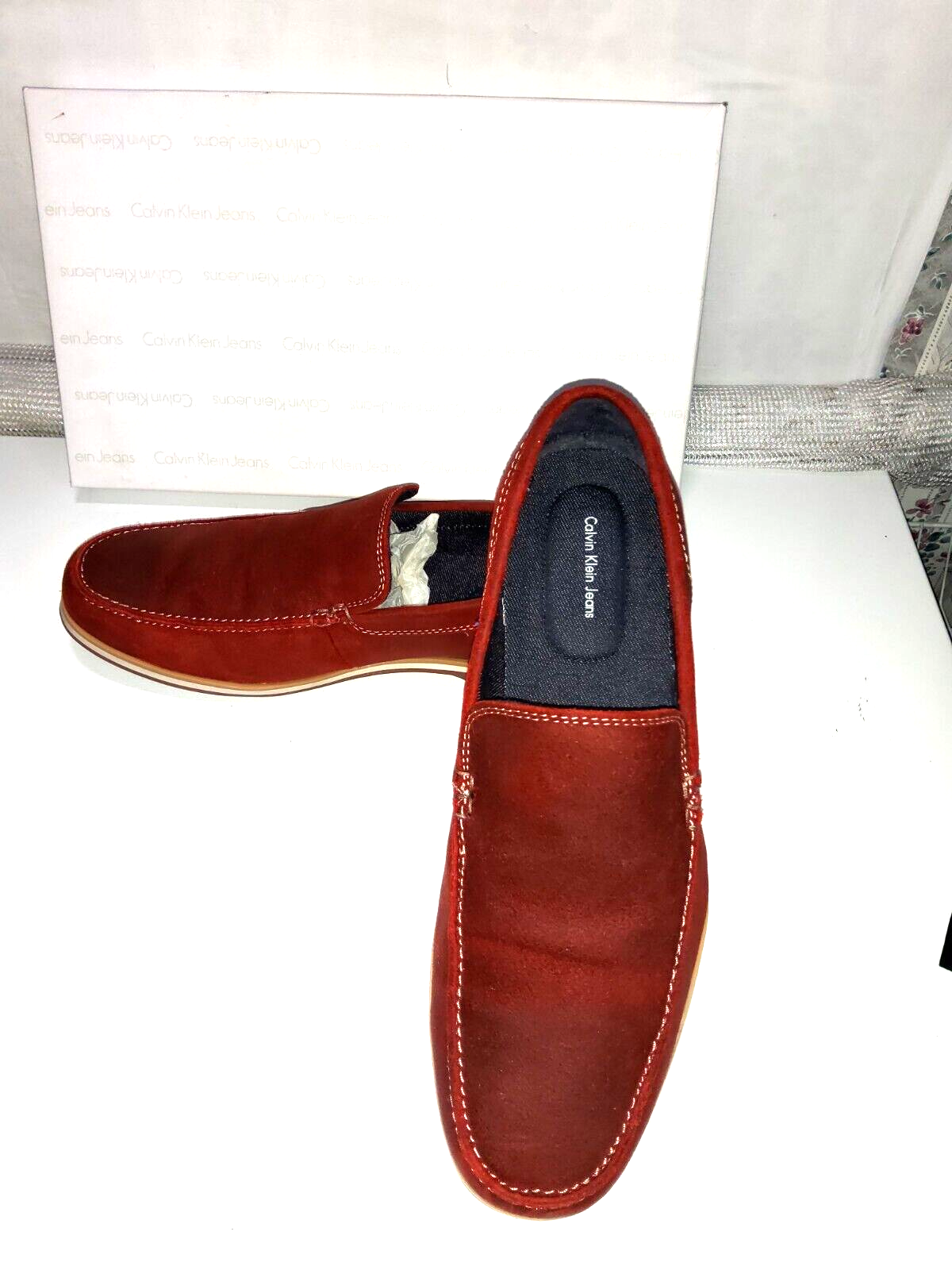 Primary image for Calvin Klein Jeans Mens Red Hammond Oily Suede 10 1/2-M Driving shoes New in Box