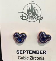 Disney Park Mickey CZ Faux Sapphire September Birthstone Earrings Gold Tone