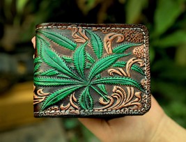 Leather Mens Wallet, Weed Carved Wallet, Cute Wallet, Western Cowboy Wallet - £34.59 GBP