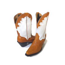 Vintage JB DILLON Boots White &amp; Tan Leather Cowboy Boots Size 7.5 USA Handmade - £135.09 GBP