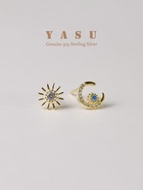 925 Silver Asymmetrical Sun Moon Stud Earrings Women 14k Gold Plated Blue Crysta - £15.14 GBP