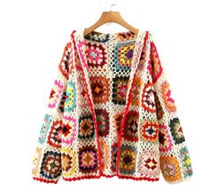 Bohemia Colored Plaid Flower Hand Crochet Vintage Granny Square Short Cardigan - £45.61 GBP