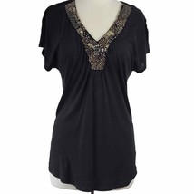 Cynthia Rowley Women Shirt Size M Black Chic Beaded Stud V-Neck Short Sleeve Top - £8.56 GBP