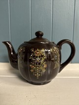 Japanese Brown Betty Ceramic Teapot Ornately Painted Flowers &amp; Vine Japan Made - £31.27 GBP