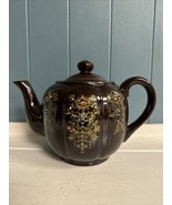 Japanese Brown Betty Ceramic Teapot Ornately Painted Flowers &amp; Vine Japa... - $54.14 CAD