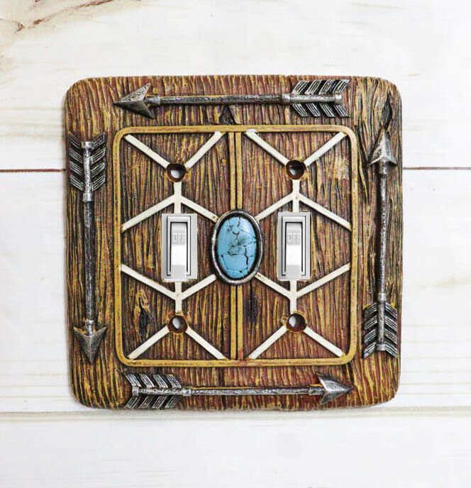 Faux Wood Indian Turquoise 4 Arrows Wall Double Toggle Switch Plates Set... - $25.95