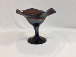 Vintage Blue Carnival Glass Iridescent Stemmed Flower Candy Dish 5.5&quot; Co... - £15.71 GBP