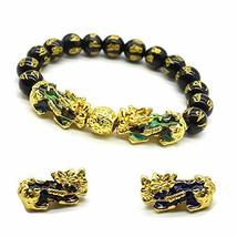YGS Black Obsidian Feng Shui Double Pi Xiu Bracelet Beads Attract Good Luck Weal - £2.35 GBP