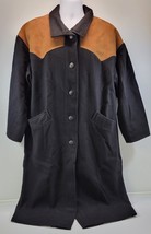 N) Vintage Michelle Francois Women Black Wool Coat Suede Shoulders USA - $64.34
