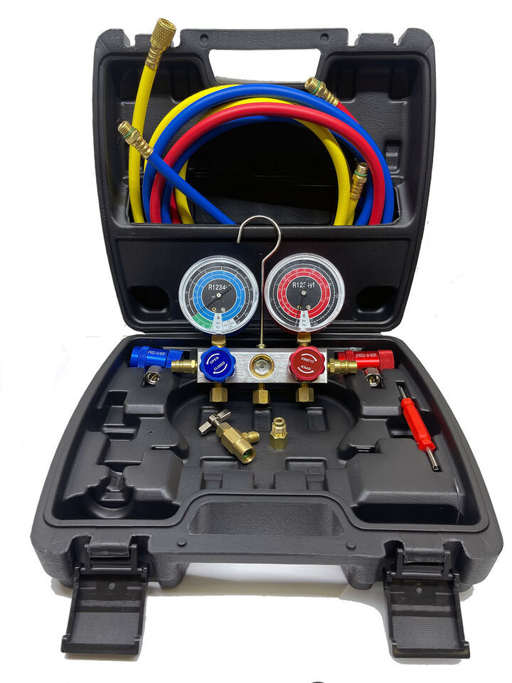 Auto R1234YF Refrigerant Gauge &amp; Hoses Service AC Recharge Kit w/Can Tap... - $102.84