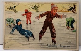 Gelukkig Nieuwjaar Children Ice Skating Happy New Year Dutch Postcard F1 - $8.99