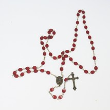 Saint Therese INRI Signed 1 1/2&quot; CROSS Flat Red Beaded Rosary  26&quot; Catho... - $21.55