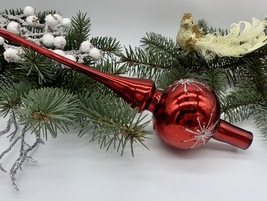 Red Christmas glass tree topper with snowflakes, XMAS finial - $22.88