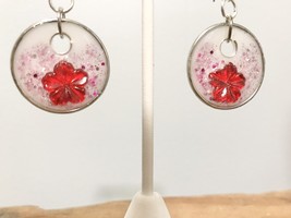Custom Pink and White Resin Dangle Earrings with Flower - $15.00