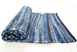 Denim Rag Rug Runner Chindi Blue Navy 180cm 2x6&#39; Handmade Recycled Eco Friendly - £46.34 GBP