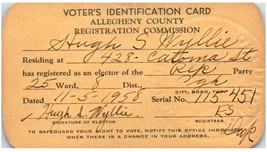 Vintage Pennsylvania Voter&#39;s Identification Carte 1958 - $41.51