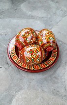 Set Wooden Easter Eggs on Plate Painted Handmade Ukrainian Pysanky Pysanka 4&#39;&#39; - £13.55 GBP