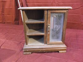 Wooden Jewelry Box Glass Door to Necklace Hangers 3 Shelves Brown Wood 5285 - $13.90