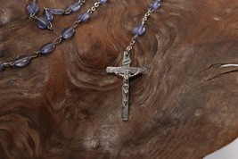 Vintage Silver Tone Blue Bead INRI Jesus Crucifix Cross Pendant Rosary Necklace - £9.15 GBP