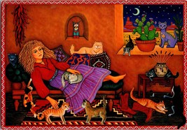 Vtg Postcard Santa Fe Cat Woman, Oil painting on linen, Diana Bryer - £5.26 GBP