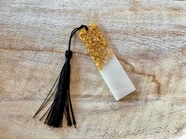 Handmade White With Gold Foil Flakes Resin Bookmark With Black Tassel 3.5 Inches - £7.59 GBP