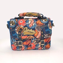 Handmade Canvas Satchel Bag Blue Orange Stamp Print Faux Leather 10&quot;x 7&quot;... - £63.74 GBP
