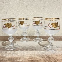 4 Vintage Crystal Bohemia Ball Stem Frosted Bowl Painted Gold Leaf Wine Glasses - £13.44 GBP