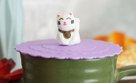 Set Of 4 Purple Maneki Neko Cat Reusable Silicone Coffee Mug Cup Cover Lids - $14.99