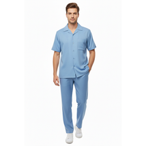 Men 2pc Walking Leisure Suit Short Sleeves By DREAMS 255-11 Solid Sky Blue image 3