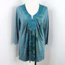 One World Women&#39;s L Blue Floral Crochet Rhinestone Knit Long Sleeve Tuni... - £12.67 GBP