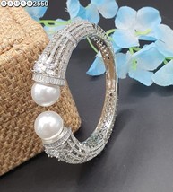 Indian Bollywood Style 925 Silver Plated Kada Bracelet CZ Pearl Jewelry Set - £60.10 GBP