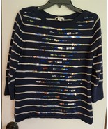 Womens M Coldwater Creek Navy Blue w/Gray Stripe Sequin/Bead Design Knit... - €16,14 EUR