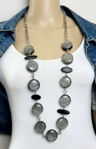 Chico&#39;s Chunky Iridescent Mosaic Black Lucite Wood Bead Necklace 40 in - $25.74