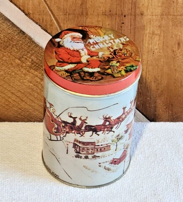 Vintage Merry Christmas Tin 4.5&quot; Cylinder Container Santa Sleigh Reindeer - $11.30