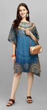 Short Kaftan Digitally Printed Polyester Crepe Light Blue Women Nightwear - £23.84 GBP