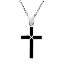 Colorful Cross of Faith Inlaid Black Onyx .925 Sterling Silver Necklace - £17.44 GBP