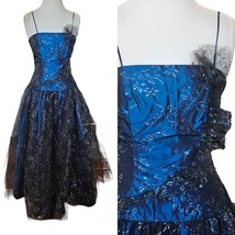 Vintage 80s Size 8 Formal Prom Gown Dress Dark Blue Black Tulle Strapless - £111.86 GBP