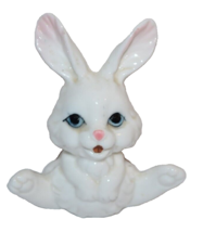 Vtg Bunny Rabbit White Shelf Sitter Ceramic Spring Happy Blue Eyes 2&quot; figure - £9.25 GBP