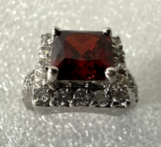 Vintage Signed EDCO Cocktail Ring Ruby Red Stone Rhinestones Size 5 Silv... - $9.46